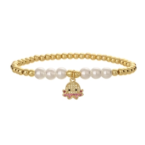 Elegant gold beaded bracelet with white pearls and a crystal octopus pendant for women