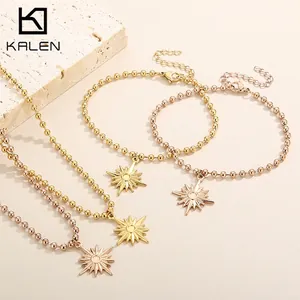 Collier Et Bracelet Étoile À Huit Branches Acier Inoxydable Plaqué Or 18K Chaîne À Billes Bijoux De Mode Pour Femmes