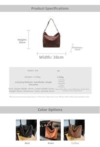 Size guide for large PU leather tote bag with detailed dimensions and material info