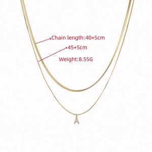 Double-layered gold stainless steel snake chain necklace with micro-pave letter A pendant