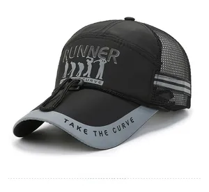 Detail of breathable mesh back and adjustable drawstring on black sports baseball cap