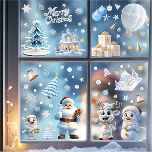 Stickers de fenêtre Noël 3D avec Père Noël, renne et bonhomme de neige décoratifs