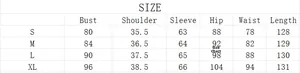 Size chart detail for slim fit long sleeve maternity dress with specific measurements