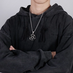 Men's silver pentagram pendant necklace in stainless steel with a twisted rope chain