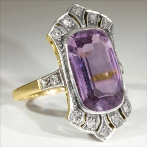 Vintage French Palace Style Copper Ring For Women With Rectangle Purple Gemstone And Zircon Two Tone Art Deco Jewelry