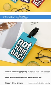 Detail of blue PVC luggage tag with Not Your Bag text and adjustable black strap