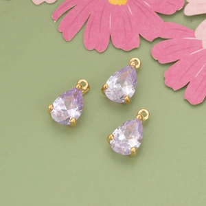 Lavender teardrop cubic zirconia pendants with gold-plated ring for DIY jewelry making