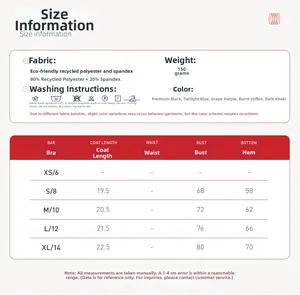 Size information chart for recycled polyester yoga set with fabric details and dimensions