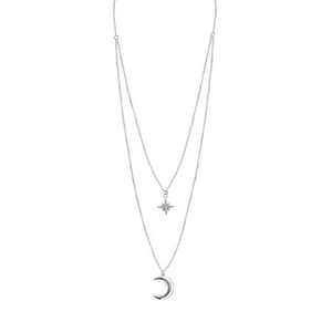 Detailed close-up of S925 silver double-layered necklace featuring star and moon pendants