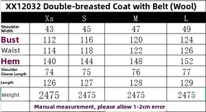 Size chart for wool blend double breasted coat with belt details from XS to L
