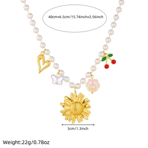Beaded pearl chain necklace with sunflower and cherry pendants with size 40cm+6.5cm