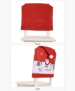 Detailed front and side views of red Christmas chair covers with Santa and Snowman prints