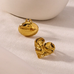 Vintage 18k gold plated stainless steel heart and oval hammered adjustable rings