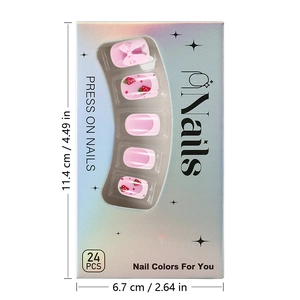 Short glossy press-on nails set with strawberry pattern and 3D pink bow detail