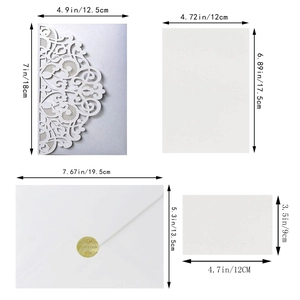 Detailed dimensions of laser cut wedding invitation set with envelopes and cards