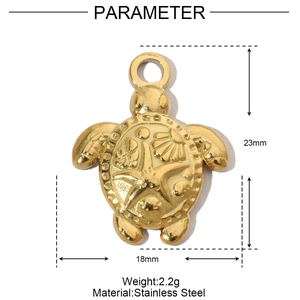 Detailed view of a golden turtle pendant in stainless steel with 23mm by 18mm dimensions