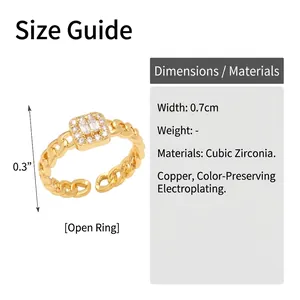 Detail van 0,7 cm vergulde kettingring met rechthoekige zirkoon en pavé-zetting