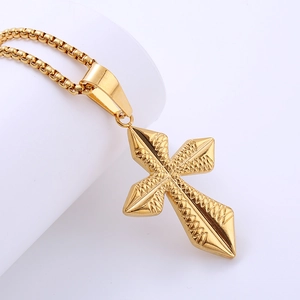 Vintage Gold Cross Pendant Necklace 316L Stainless Steel Electroplated Rhombus Texture Box Chain Jewelry Unisex