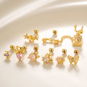 8-piece gold titanium steel cartilage studs with colorful zircon butterflies and hearts