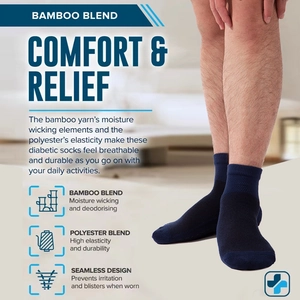 Detail showing high elasticity and seamless design of navy blue bamboo diabetic socks