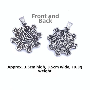 Detailed front and back views of Viking Valknut pendant with dimensions 3.5cm x 3.5cm