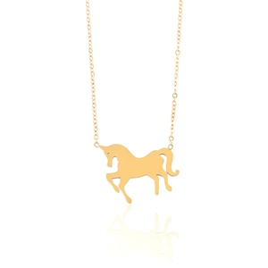 Elegant gold-tone stainless steel necklace featuring a jumping unicorn animal pendant
