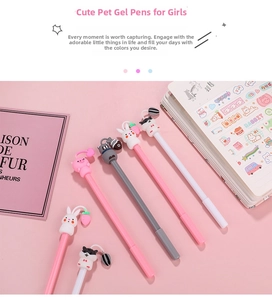 Detail of cute animal pens with silicone charms and tiny food pendants for students