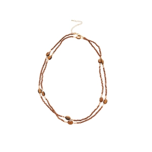 Ethnic style double-layered tiger eye beaded necklace with adjustable gold clasp