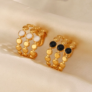 French vintage 18K gold plated 3-layer round rings with black and white enamel dots