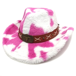 Pink and white cow print plush western cowboy hat with a metal bull head buckle strap