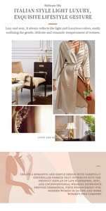 Detail of luxurious champagne gold silk robe featuring high-sheen satin and waist tie