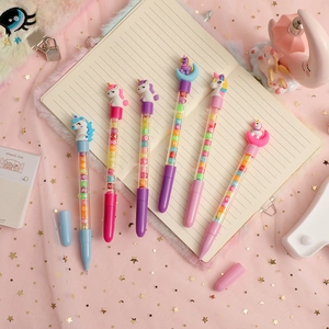 Set of 6 cute unicorn gel pens with colorful alphabet beads and transparent barrel