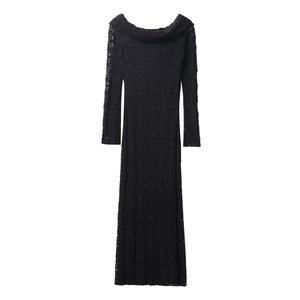 Elegant Lace Maxi Dress Off Shoulder Hollow Out Embroidery Long Sleeve Bodycon Party Gown For Women