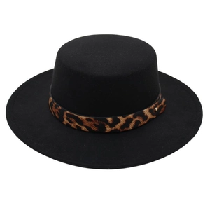 Retro black flat top wool felt fedora hat featuring a stylish leopard print band detail