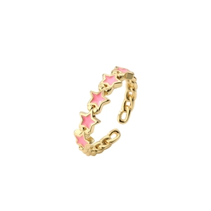 Gold open ring featuring pink enamel stars and chain side detail on white background