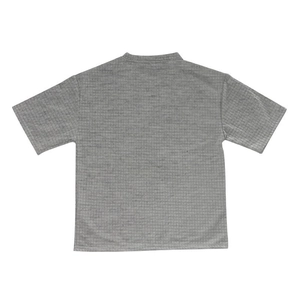 Rear view of grey waffle knit t-shirt showing detailed texture and casual crew neck design