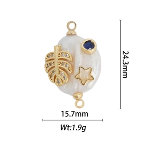 Ciondolo occhio del diavolo in perla barocca con foglia d'oro e gemma blu, 24,3 mm
