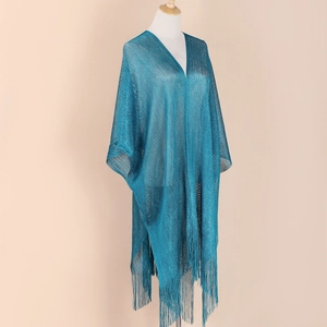 Elegant blue flat weave shawl for women featuring long tassel hem and shimmering fabric