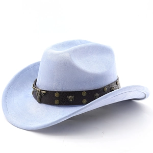 Detail of light blue suede cowboy hat with studded leather band and metal bull head
