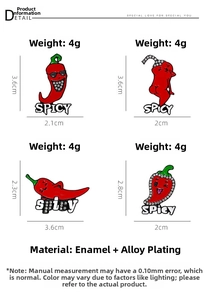 Detailed view of red chili enamel pins with spicy theme and exact size measurements