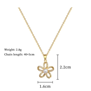 Detail of titanium gold flower necklace with pearl center and diamond dimensions
