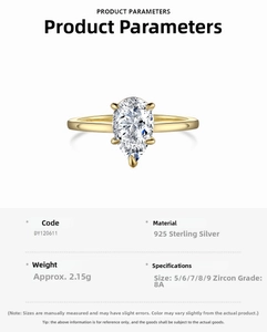 Detailed specifications of S925 sterling silver pear cut 8A zircon ring showing product size