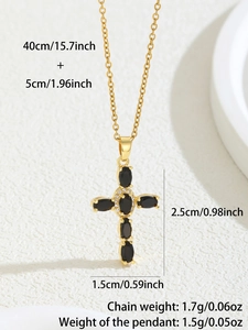 Detailed specs of cross necklace with black stones and micro-pave cubic zirconia
