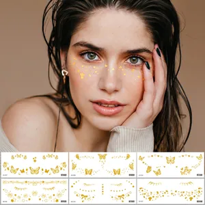 Metallic Gold Temporary Face Tattoo Stickers Waterproof Sweatproof Golden Freckle Butterfly Star Designs For Festival Party Makeup