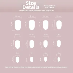 Detailed size chart showing 12 different specifications for white press-on nail pieces