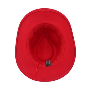 Detail view of red cowboy hat interior showing 65% cotton and 35% polyester material tag