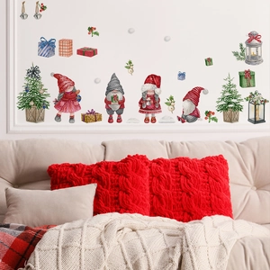 Christmas Wall Stickers Watercolor Gnomes Tree Gift Box Removable PVC Self Adhesive Home Holiday Decor Window Clings