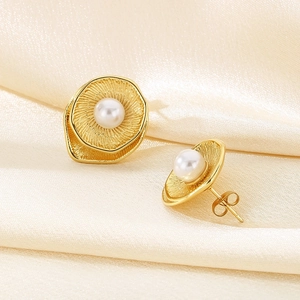 Double-layered frosted pearl earrings with gold titanium steel geometric texture on silk