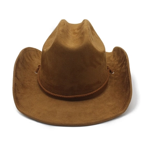Detail of dark brown faux suede cowboy hat with braided rope and wide curved brim