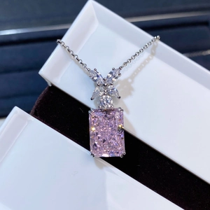 S925 sterling silver necklace with pink square ice-cut pendant in a white jewelry box